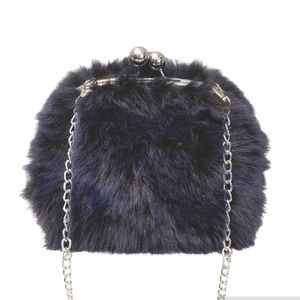 Vintage Zara collection women faux fur dark navy shoulder hand muff clutch bag